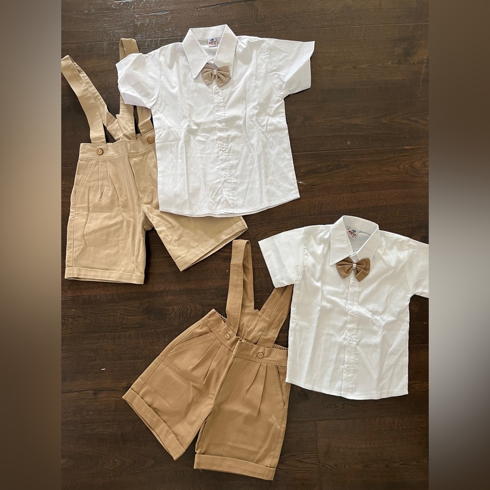 Kids White Shirt and Tan Suspender Shorts Set